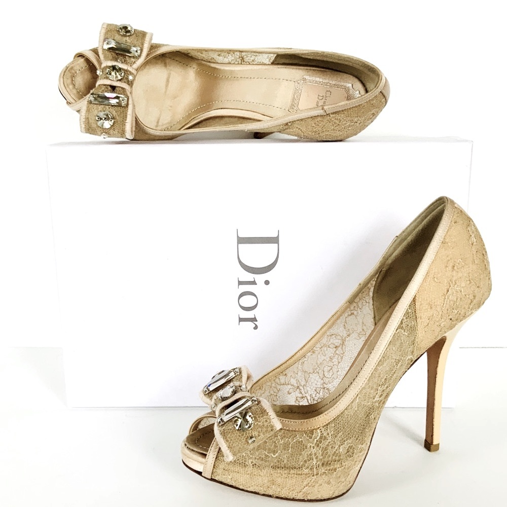Dior cream ivory lace  heels with jewels at vamp 37.5